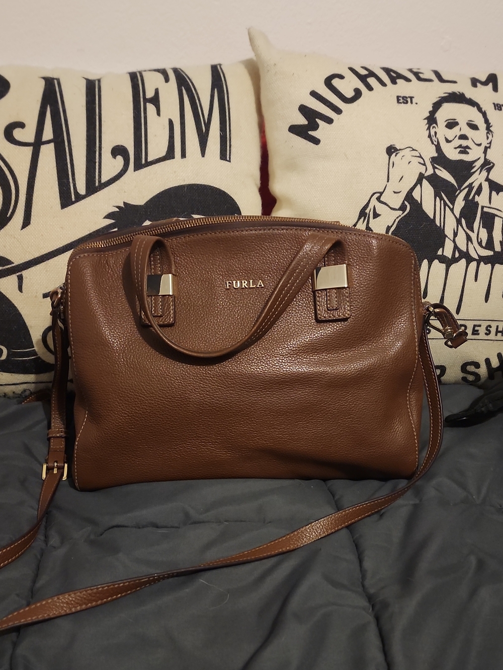 Furla Chocolate Brown Pebbled Leather Satchel with Detachable Strap ITALY